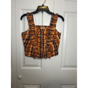 Verb By Anthropologie Plaid Ruffled Tank in Mixed Orange Size XS